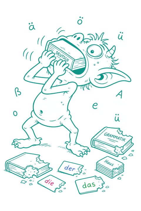 Lingo Goblin devouring a German dictionary