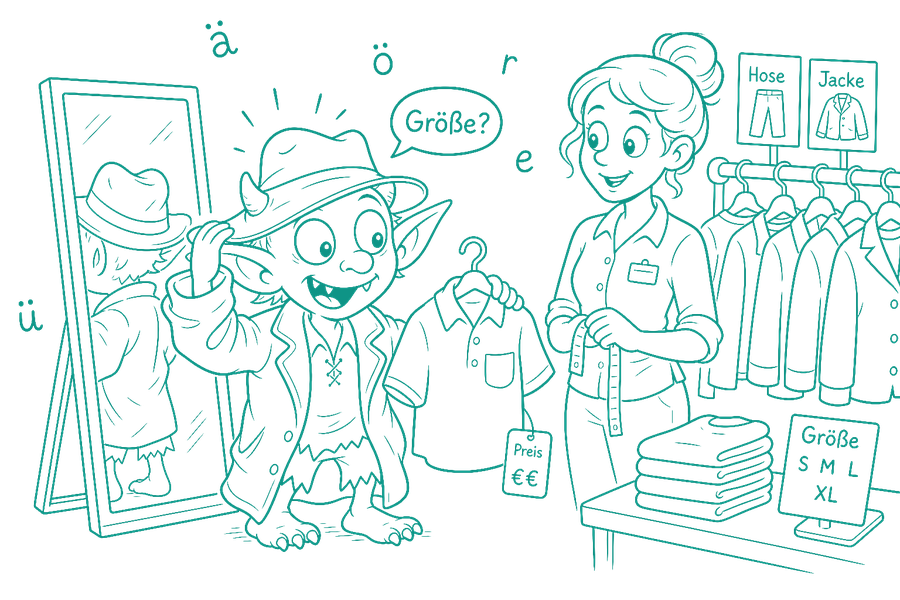 A goblin trying on a hat in a mirror while a shop assistant measures a garment