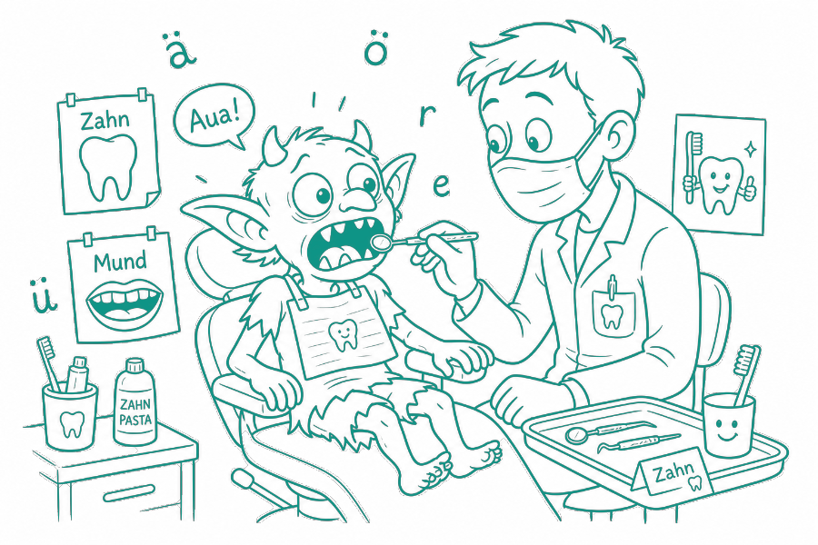 A goblin in the dentist’s chair while the dentist examines a tooth