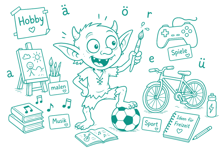 A goblin surrounded by hobby icons — painting, music, video games, cycling, sport