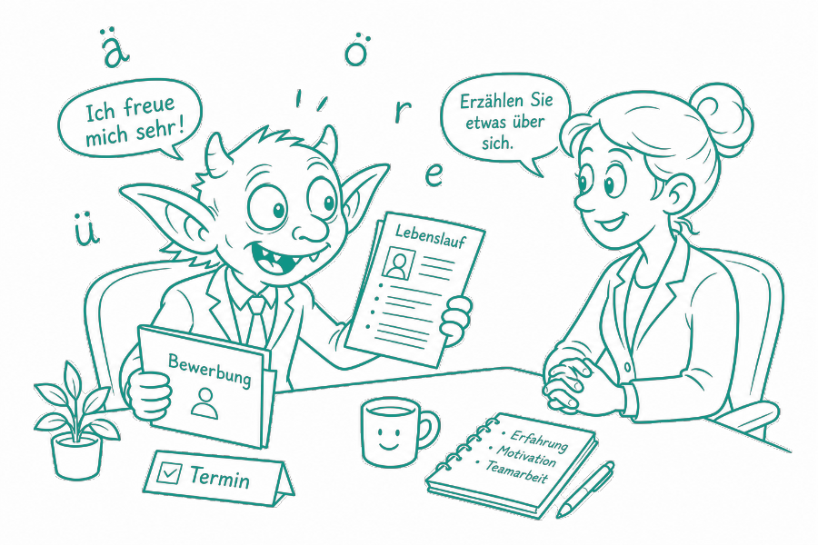A goblin presenting application documents across a desk